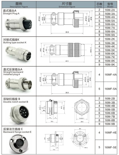 16M-9A 2P-9P Plug Straight 16mm 15A 250V Metal Circular Aviation Connector Plug Waterproof for Aviation