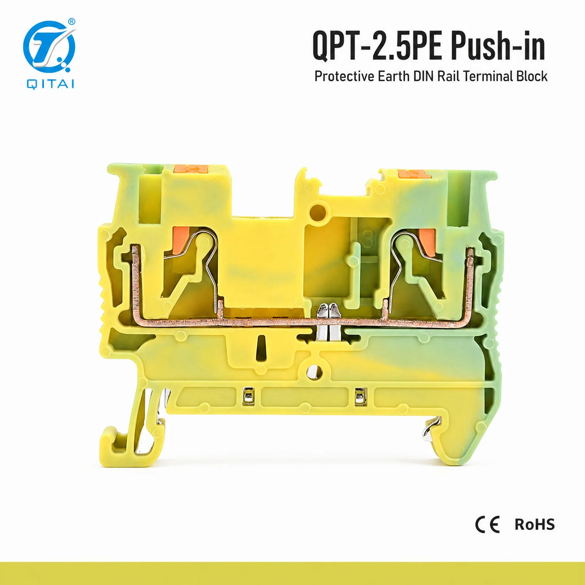 QPT-2.5PE Ground Terminal Block 2.5mm2 DIN Rail Protective Earth Green Yellow Push-in 800V 24A TH35 for PE Wiring