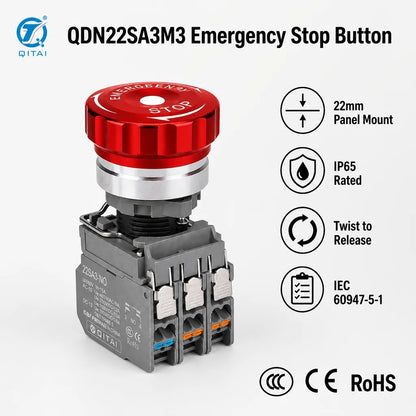 QDN22SA3M3-M11Z CR24V Emergency Stop Push Button 22mm 1NO1NC Self-locking Metal Mushroom Head IP65 Red LED 24V Plug-in