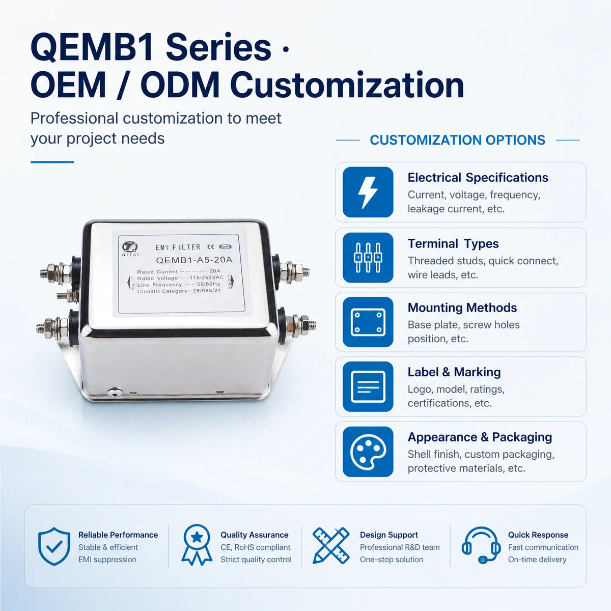 QEMB1-A5-20A 20A Single Phase EMI Filter 115/250VAC Differential Mode Choke Noise Suppression Power Line Filter