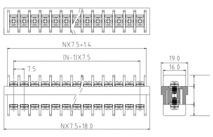 QTCQ-075F Barrier Strip 7.5mm Pitch 2-24Pole 600V 17A 16-22AWG 2500VAC Barrier Terminal Strip Block Screw Down Termination