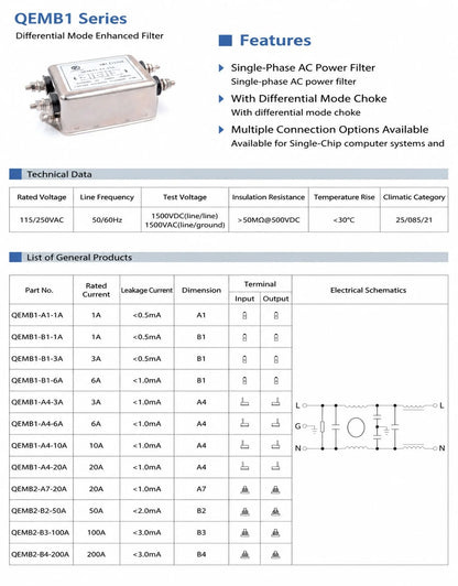QEMB1-A4-10A Single Phase AC Power Line Filter 250VAC 10A Differential Mode Choke Stud Faston for Industrial PC