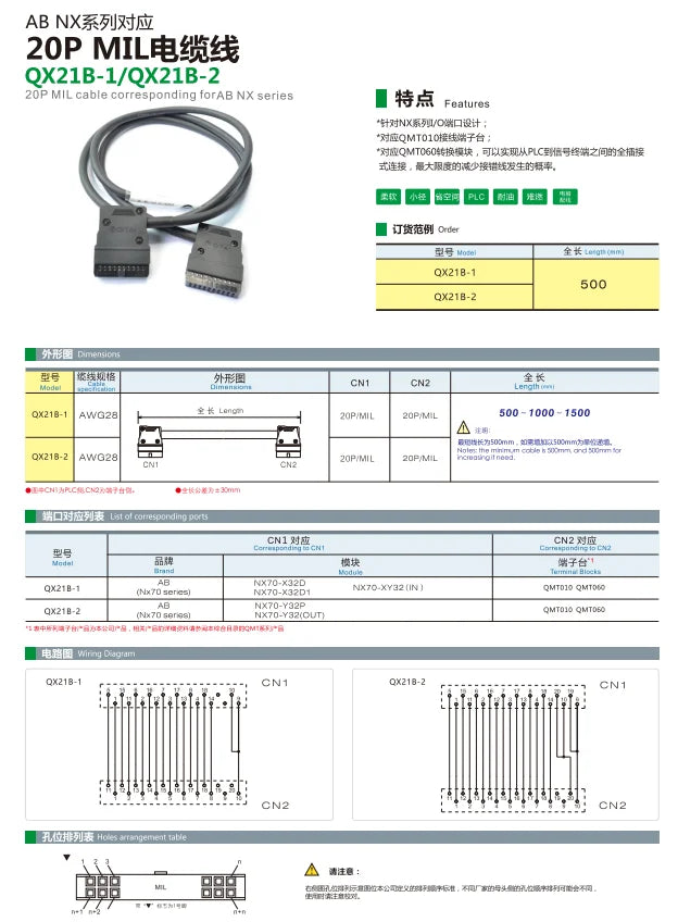 QX21B-1 NX Series I/O  AWG28  20P/ MIL  20P/MIL Cable PLC Cable Copper Flexible Insulated Wires and Cables  500-10000 mm
