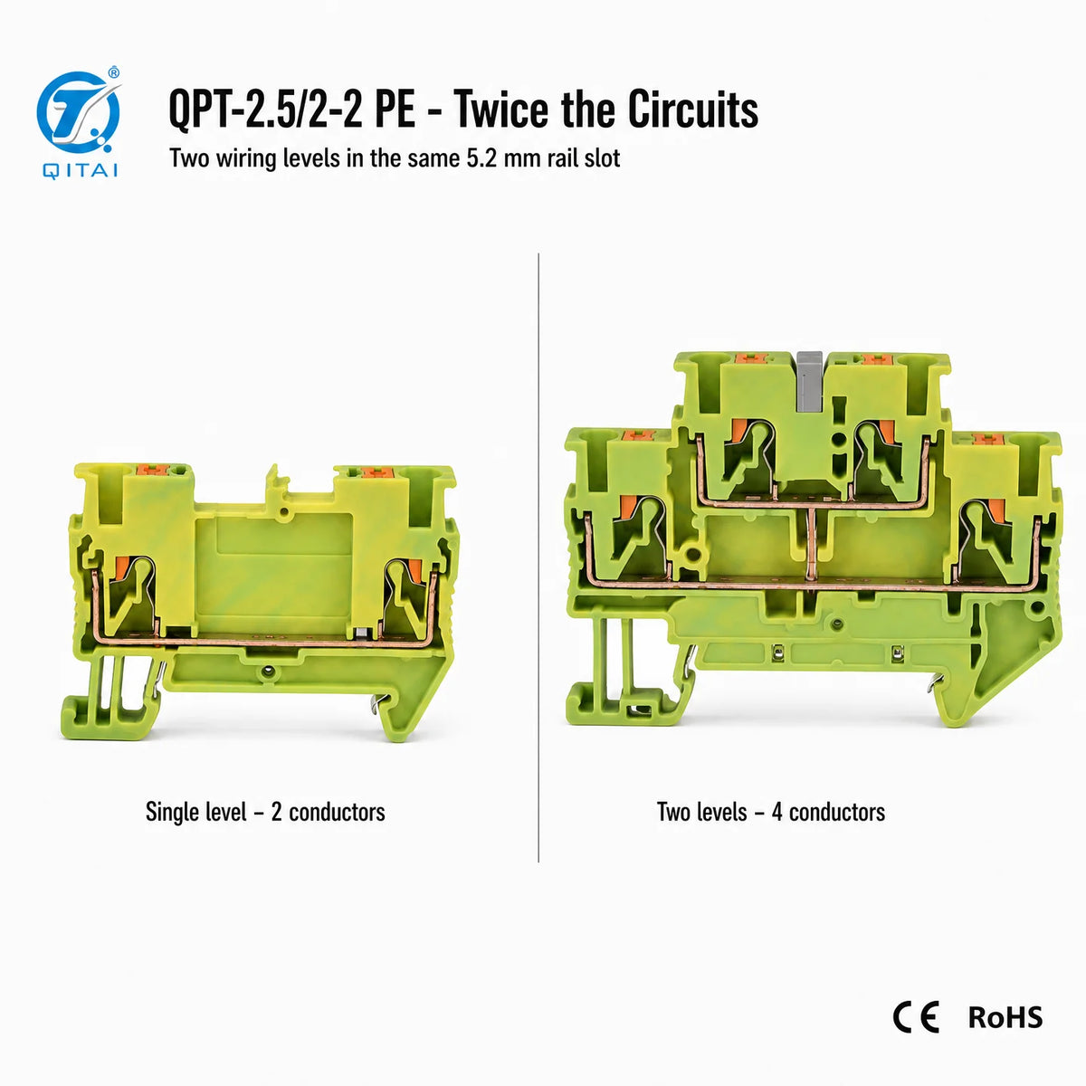 QPT-2.5/2-2PE Double Level Ground Terminal Block 2.5mm2 Push-in Protective Earth 500V 22A for Electrical Panel Wiring