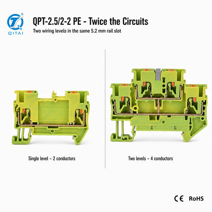 QPT-2.5/2-2PE Double Level Ground Terminal Block 2.5mm2 Push-in Protective Earth 500V 22A for Electrical Panel Wiring