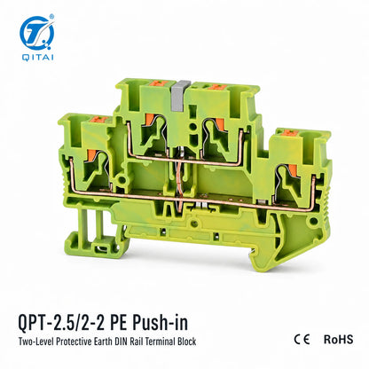 QPT-2.5/2-2PE Double Level Ground Terminal Block 2.5mm2 Push-in Protective Earth 500V 22A for Electrical Panel Wiring