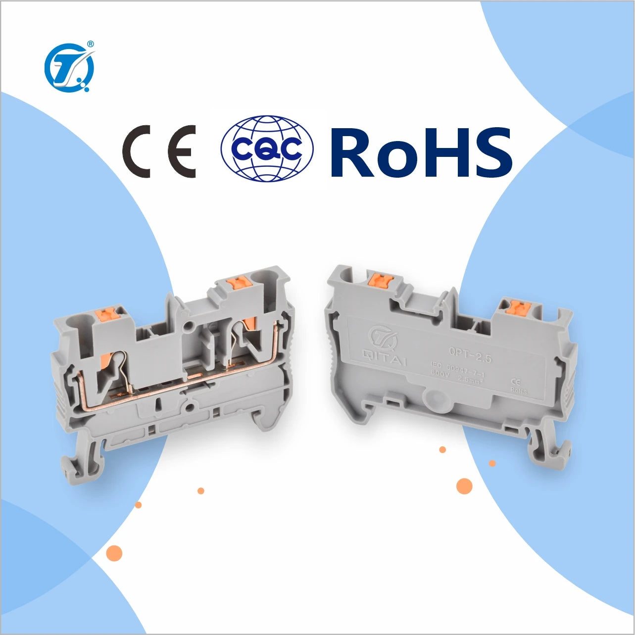 QPT2.5  PT2,5  Din Rail Terminal Block 800V 24A Push-in Connection 26-12AWG Spring Plug in Terminal Block  for 2.5mm² Wires