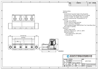 QPS-762S-6P 7.62mm Pitch 6 Pin Male and Female Wire Connector Screw Plug-in PCB Terminal Block with Flange