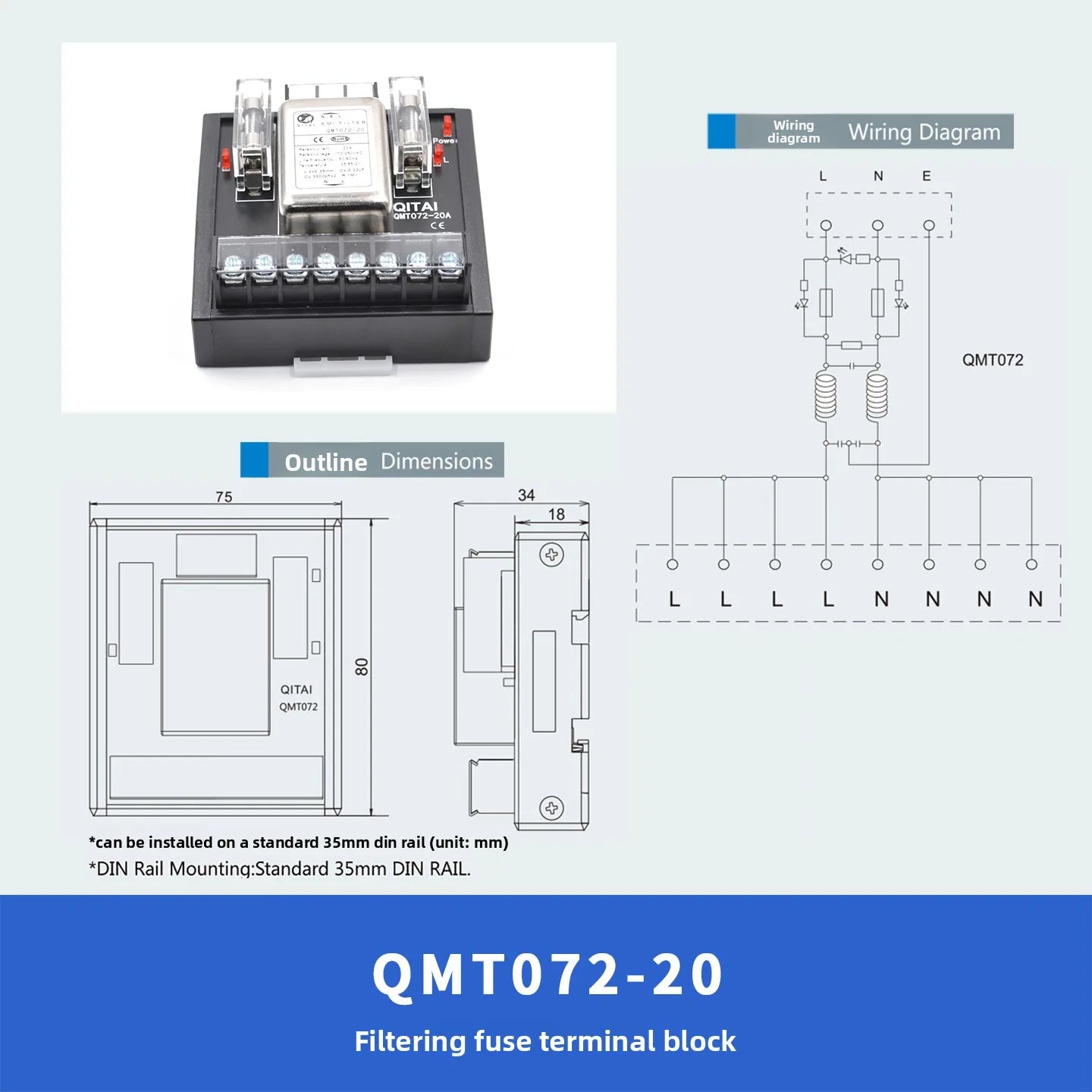 QMT072-20 EMC EMI Filter With Fuse and 8-pin 4 Out Terminal Block 220VAC 20A Single Phase Power Filter Din Rail Fixed