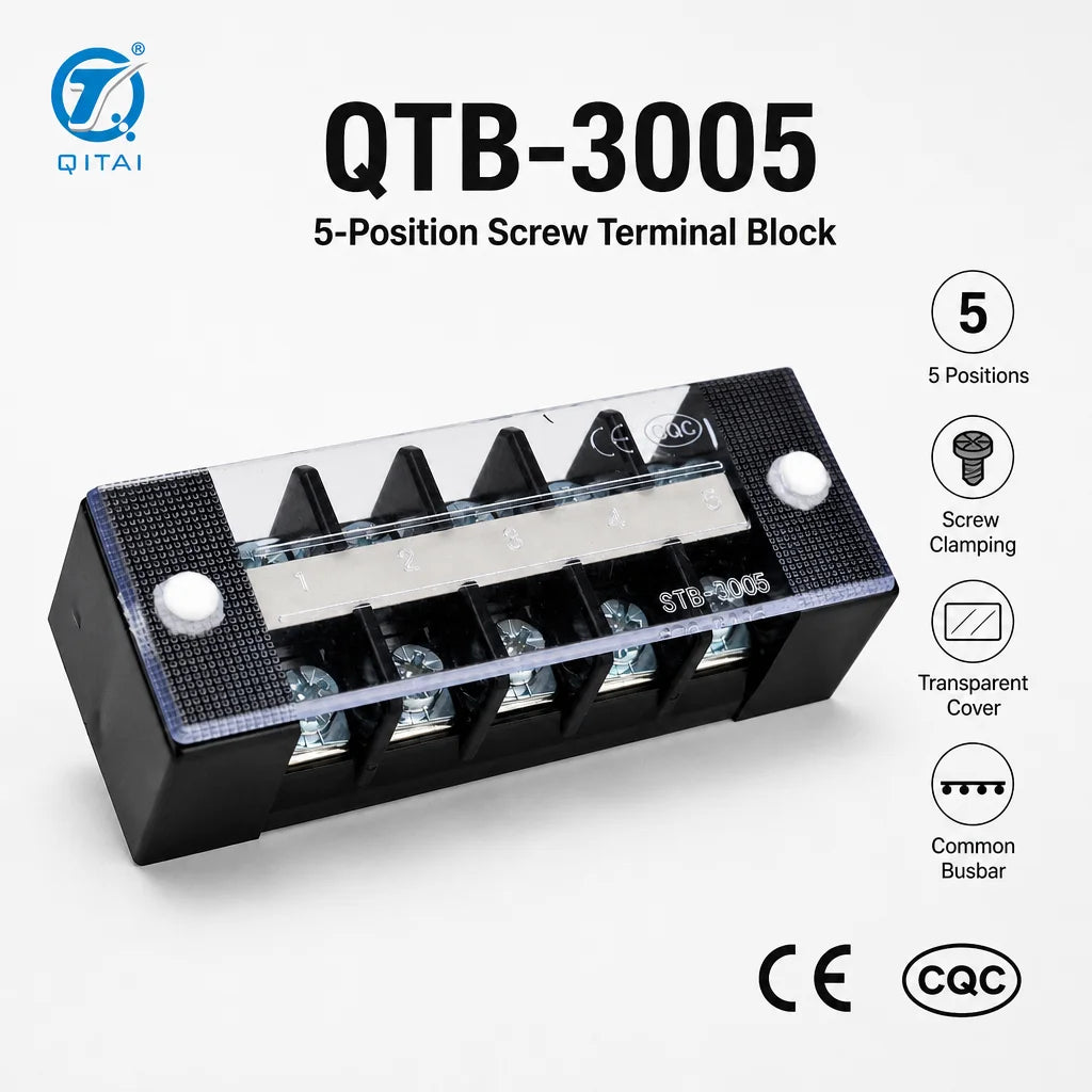 QTB-3005 5 Position Screw Terminal Block 32A 4mm2 Feed Through Power Distribution DIN Rail Mount for Electrical Cabinet