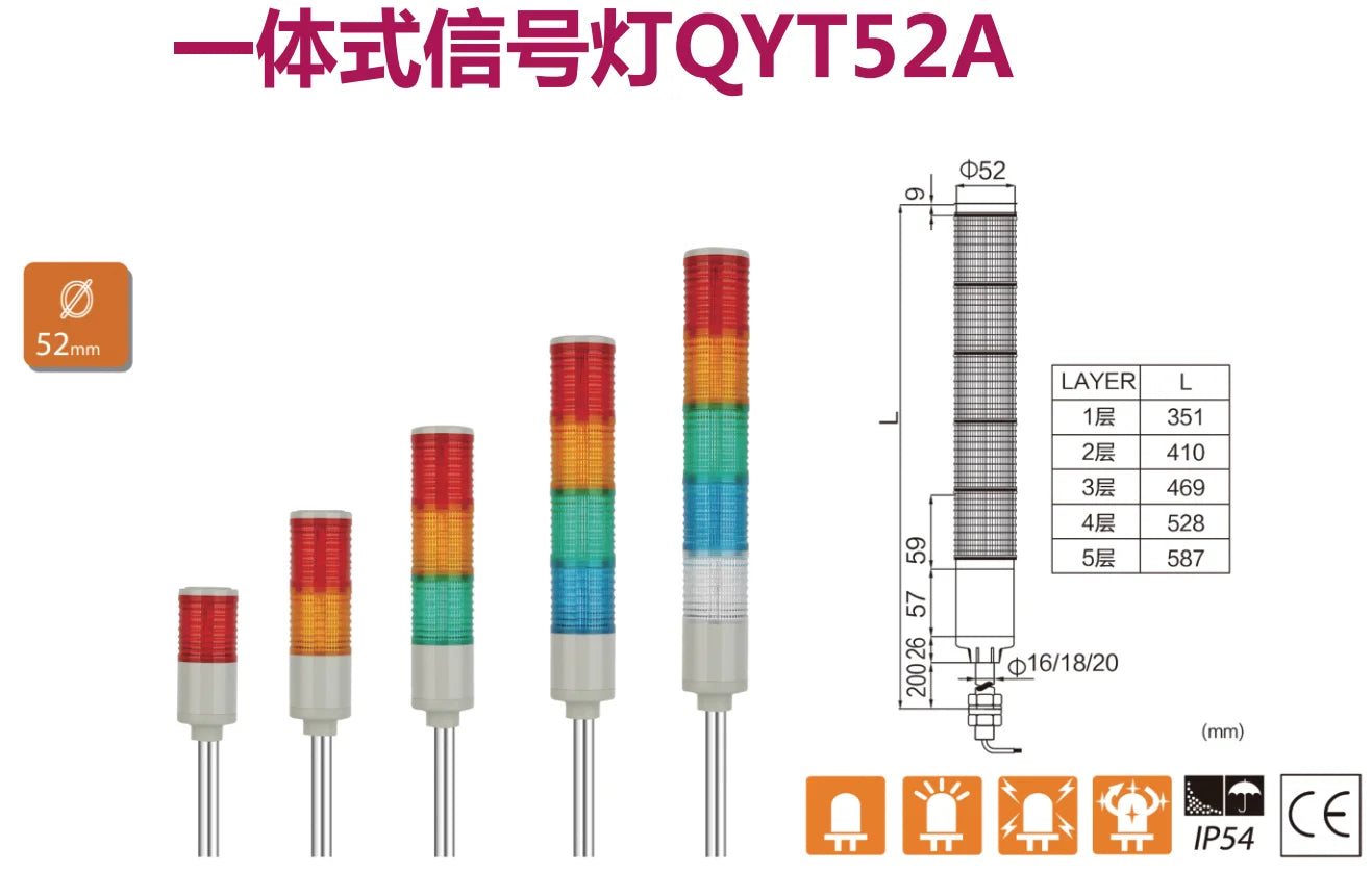 QYT52A 52mm Industrial Machine Light Column LED Indicator 5 Color Signal Lamp Alarm Round Tower Light Warning Light