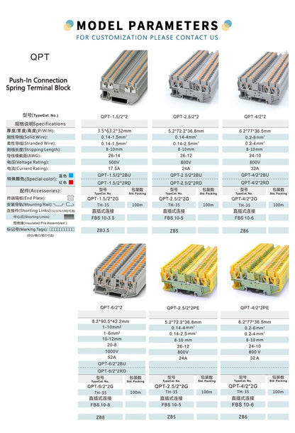 QPT-2.5/2*2  QUATTRO 2.5mm² 2 Input 2 Output Electrical Din Rail 4-Contacts Quick Wiring Connector Spring Terminal Blocks