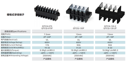 QTCQ-130 Barrier Strip 13mm Pitch 2-16Pole 600V 50A 8-22AWG 2500VAC Barrier Terminal Block with Cover Screw Down Termination