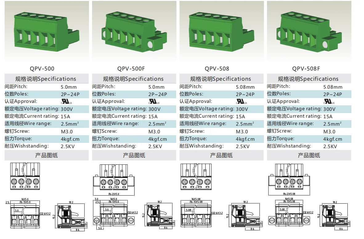 QPV-350F 3.50mm Pitch 2-24P 300v 10A M2.0 Screw Green High Strength QPV Series Plug PCB Terminal Blocks WIth Flange