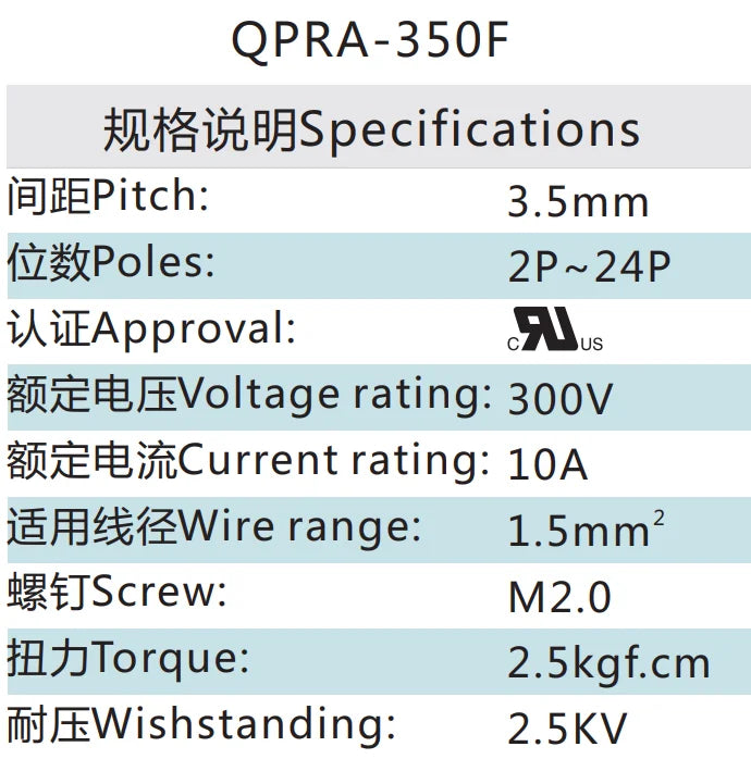 QPRA-350F 3.50mm Pitch Spring Plug PCB Terminal Connector Block for Industrial Automation High Strength Reliable Wiring Solution