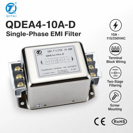 QDEA4-10A-D 10A Single Phase AC Noise Filter 250VAC Dual Stage Terminal Type Low Profile CE RoHS for Frequency Converter Drive