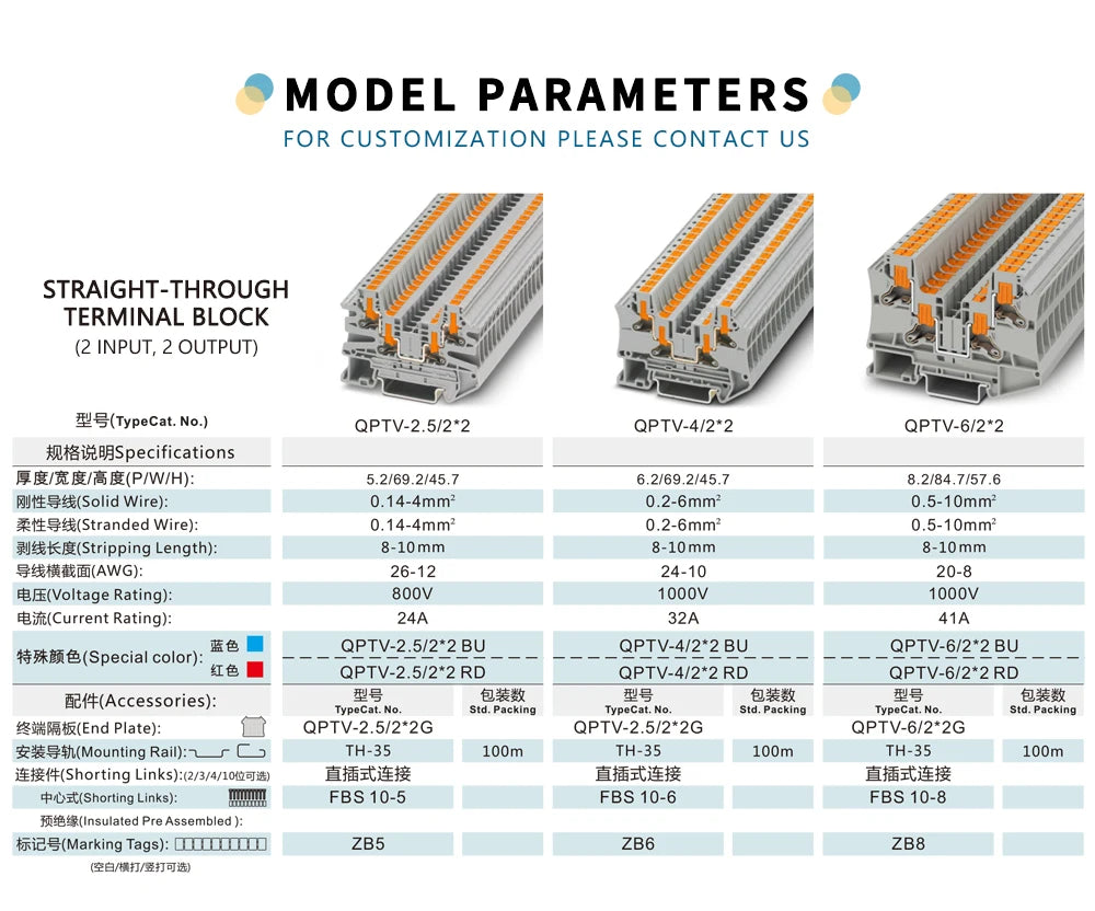 QPTV-2.5-2*2 QUATTRO Terminal Block Push-in Connection 11-20 AWG 41A Wire Connectors Building Link Industry Wiring Spring Side