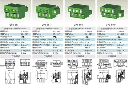 QPZ-381F 3.81mm Pitch 2-24P 300v 10A M2.0 Screw Green High Strength QPZ Series Plug PCB Terminal Blocks With Flange