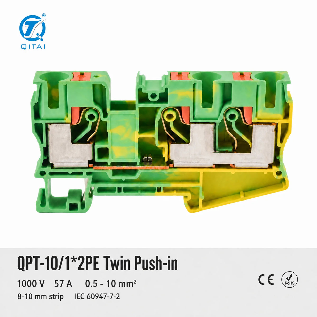 QPT-10/1*2PE Ground Terminal Block 10mm2 Protective Earth One in Two Out 10.2x67.7x50.5mm 1000V 57A for Cabinet Grounding