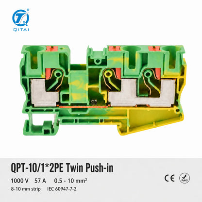 QPT-10/1*2PE Ground Terminal Block 10mm2 Protective Earth One in Two Out 10.2x67.7x50.5mm 1000V 57A for Cabinet Grounding