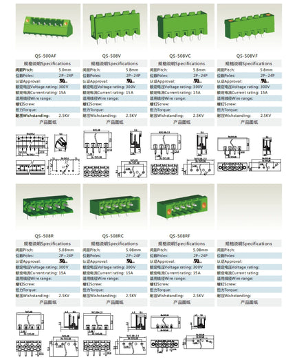 QS-508RC-2X3P 5.08mm Pitch MSTBA 2,5/ *-G-5,08 PCB Headers Green Simple Cheap Male and Female Pcb Screw Terminal Blocks