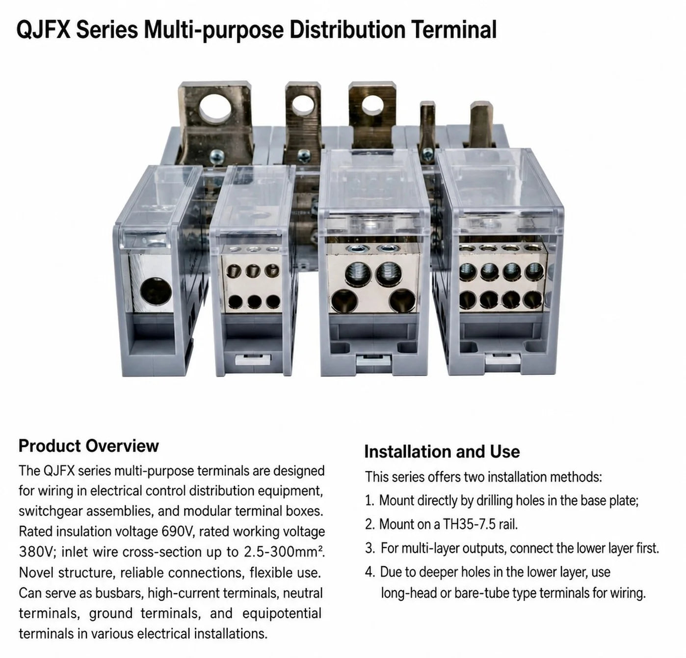 QJFX-100-12x10 100A MCCB Distribution Block 12 Way Screw Terminal Block for Switchgear Control Cabinet
