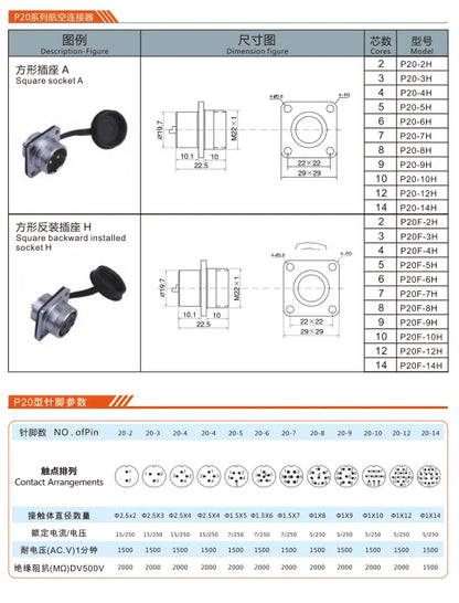 P20-12H High Quality Connector Circular Plastic Socket with Waterproof Copper Contacts Power Applications