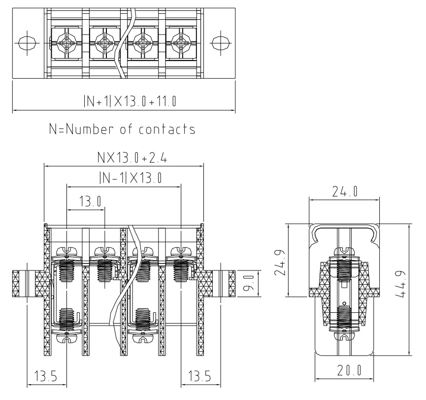 QTCQ-130-2F Barrier Strip 13mm Pitch 2-16Pole 600V 50A 8-22AWG 2500VAC Barrier Terminal Block with Cover Screw Down Termination