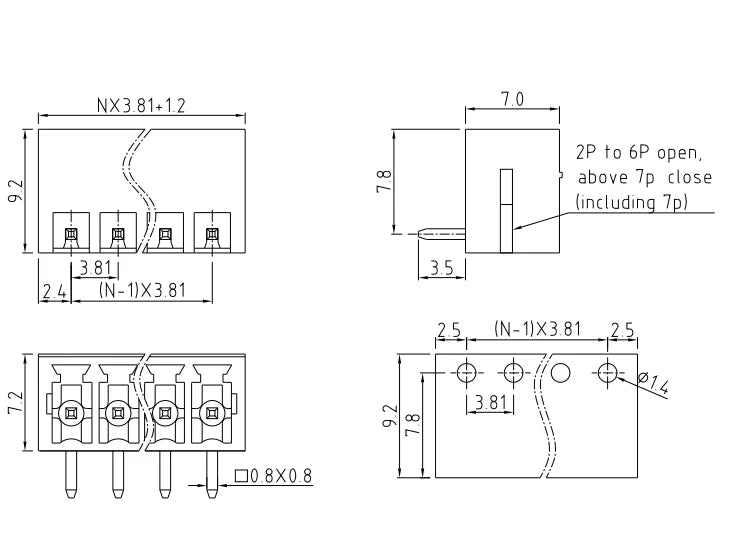 QS-381R PCB Terminal Blocks 3.81mm Pitch 2-24P 300V 10A Green High Strength Screw Connector