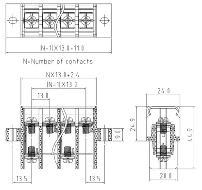 QTCQ-130-2 Barrier Strip 13mm Pitch 2-16Pole 600V 50A 8-22AWG 2500VAC Barrier Terminal Block with Cover Screw Down Termination