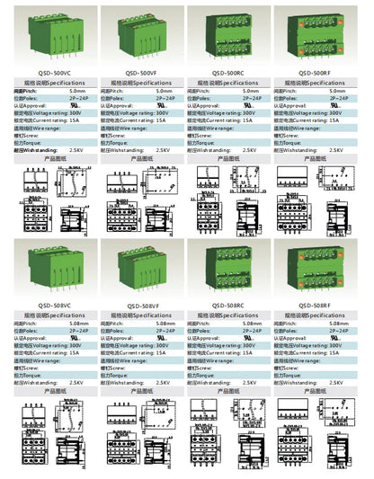 QSD-500RC  5.00mm  Double Layer 2P-24P Socket Terminal Block Connector PCB Plug-in Type Green Terminal Block