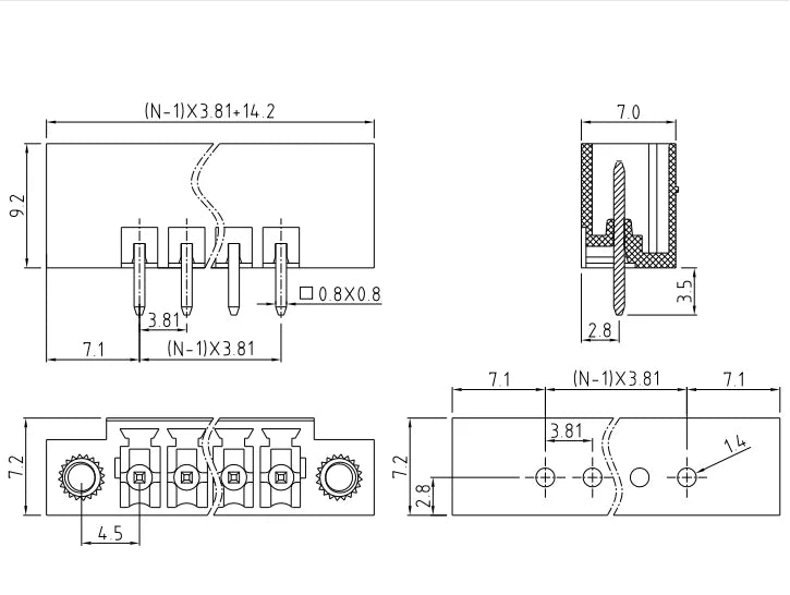QS-381VF PCB Terminal Blocks 3.81mm Pitch 2-24P 300V 10A Green High Strength Screw Connector