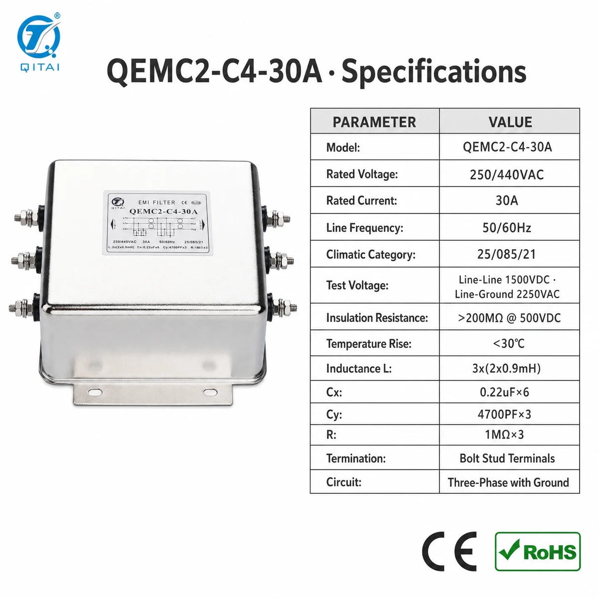QEMC2-C4-30A Three Phase High Performance EMI Filter Differential Mode Choke 30A 250/440VAC Stud Terminal for CNC Machine Tool