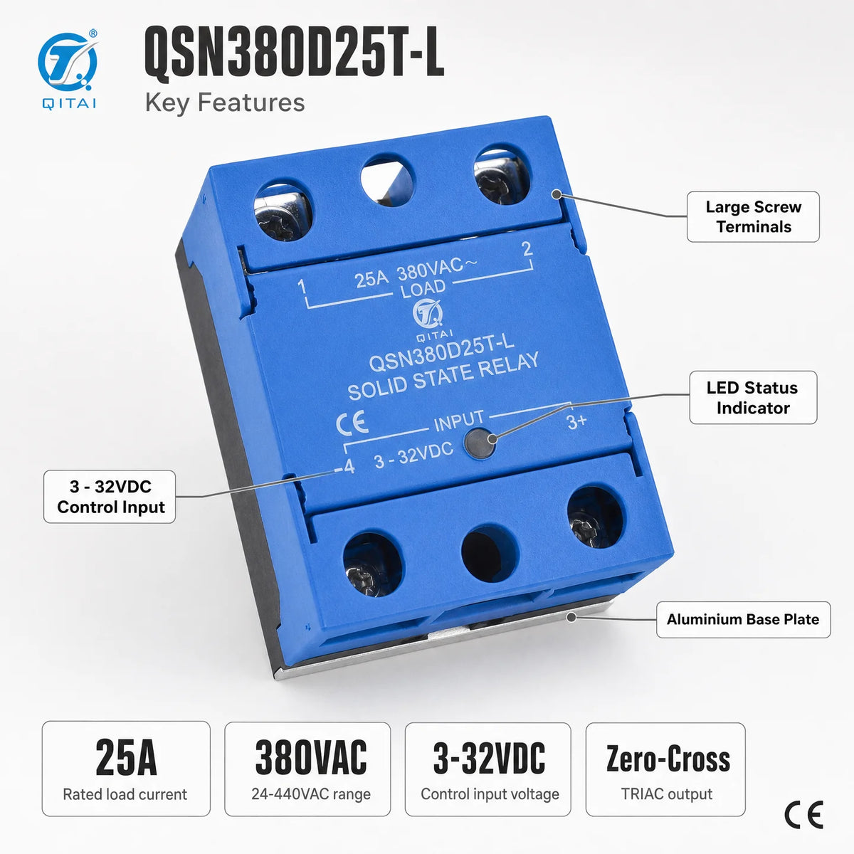 QSN380D25T-L Single Phase SSR 25A 380VAC DC Control TRIAC Zero Crossing Opto Isolated for Temperature Control Furnace