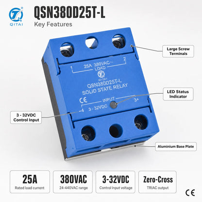 QSN380D25T-L Single Phase SSR 25A 380VAC DC Control TRIAC Zero Crossing Opto Isolated for Temperature Control Furnace