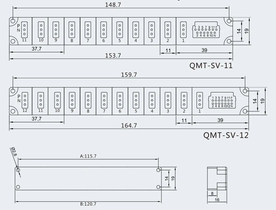 QMT-SV-6 70mA DC24V IP20 Multi-Ports Splitter NPN PNP 180 Degree Ports Modular Pcb Jack