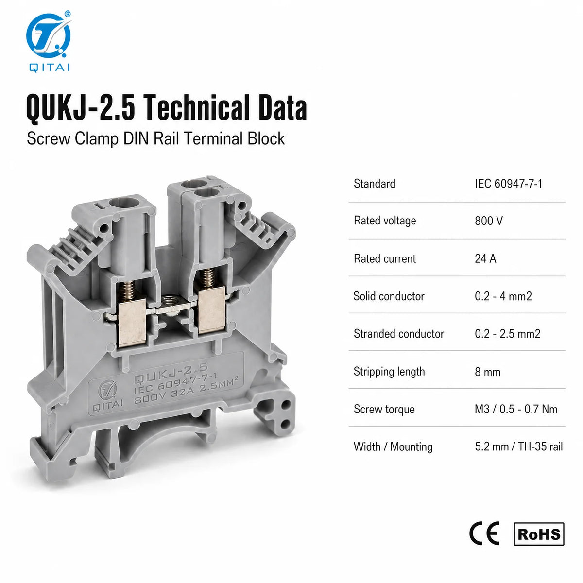 QUKJ-2.5 800V 24A DIN Rail Screw Feed-Through Terminal Block 0.2-2.5mm2 Nickel-Plated Copper PA66 CE RoHS for Control Cabinet