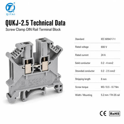 QUKJ-2.5 800V 24A DIN Rail Screw Feed-Through Terminal Block 0.2-2.5mm2 Nickel-Plated Copper PA66 CE RoHS for Control Cabinet