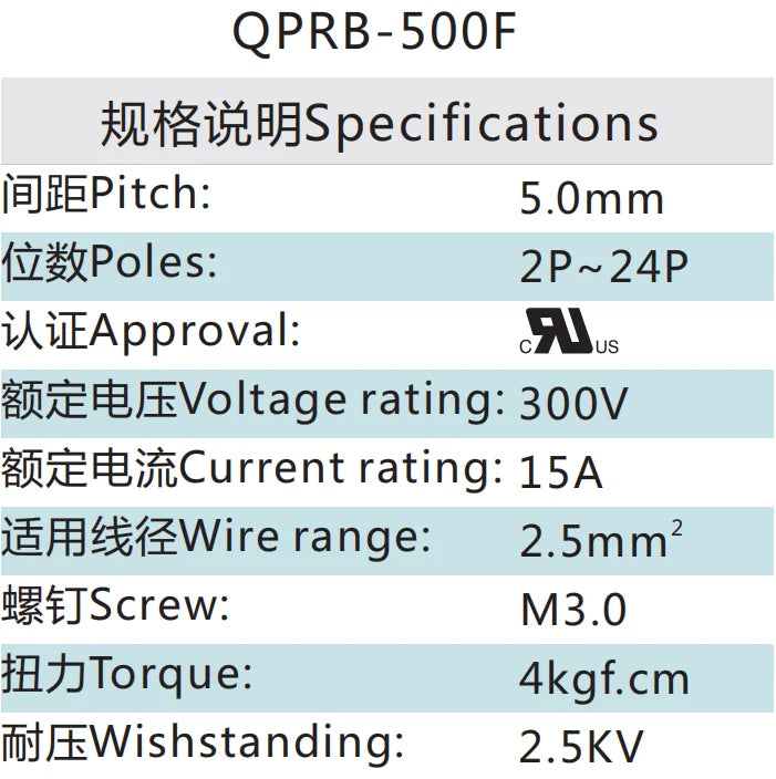 QPRB-500F 5.0mm Pitch 2P-24P 300V 15A High Strength Spring Wire Strong Shock Resistance Plug Connector Terminal Blocks PCB
