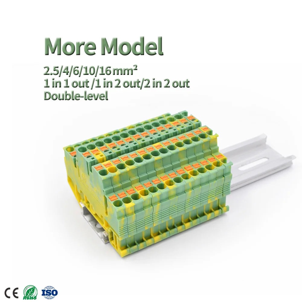 QPT-16PE Ground Terminal Block Big Current Din Rail with 2-Contacts Spring Cage Plug-in Electrical Wire Push in Connection