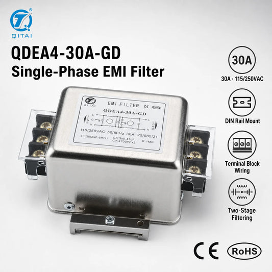 QDEA4-30A-GD 30A Single Phase RFI Mains Filter Dual Stage 250VAC 35mm DIN Rail Mount High Current for Variable Frequency Drive