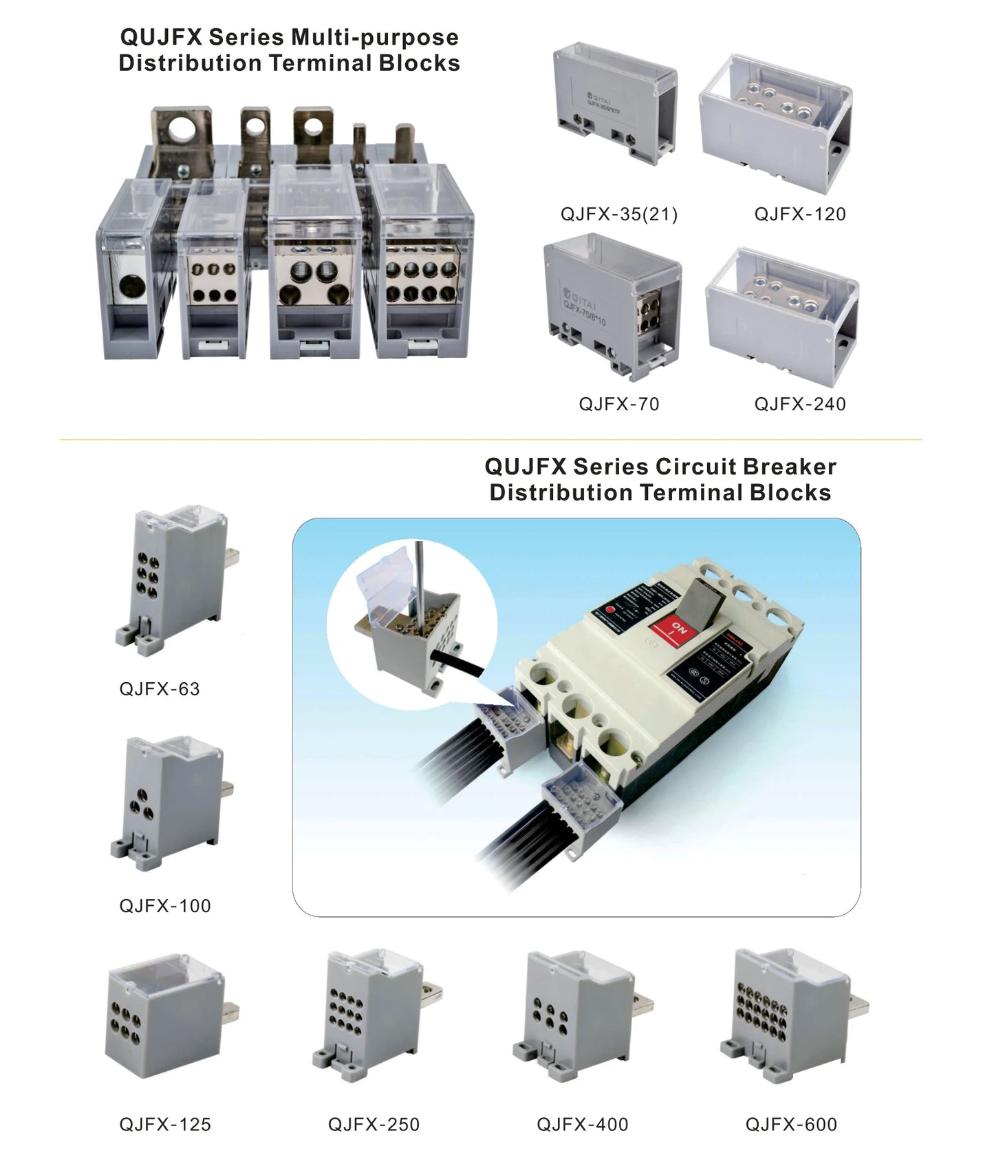 QJFX-2x70-4x16 Multi-purpose Busbar Terminal Block 690V 2 in 4 Out DIN Rail TH35 for Power Distribution