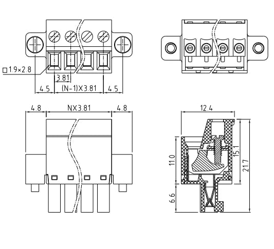 QPZ-381F 3.81mm Pitch 2-24P 300v 10A M2.0 Screw Green High Strength QPZ Series Plug PCB Terminal Blocks With Flange