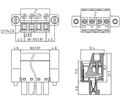 QPZ-381F 3.81mm Pitch 2-24P 300v 10A M2.0 Screw Green High Strength QPZ Series Plug PCB Terminal Blocks With Flange