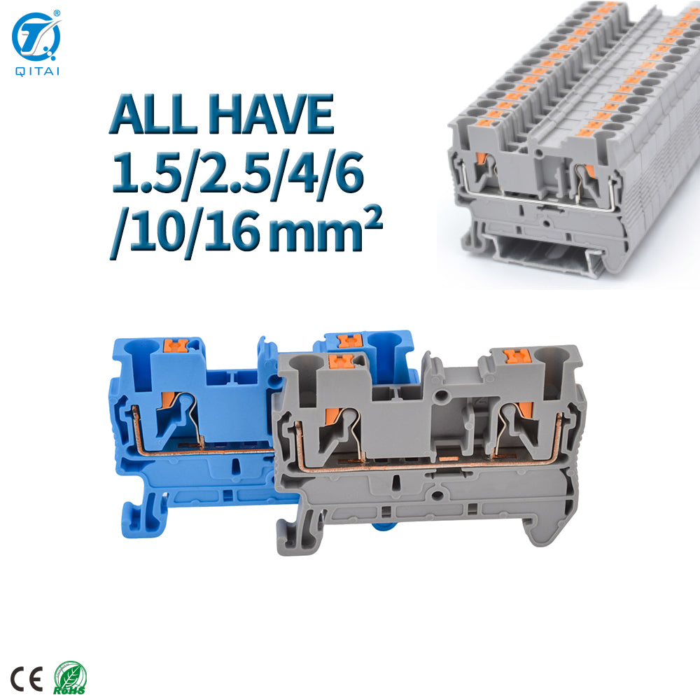 QPT Feed Through Push-in Din Rail Spring Connection Copper 2-Pole Wire Connectors for Industrial Wiring Terminal Block