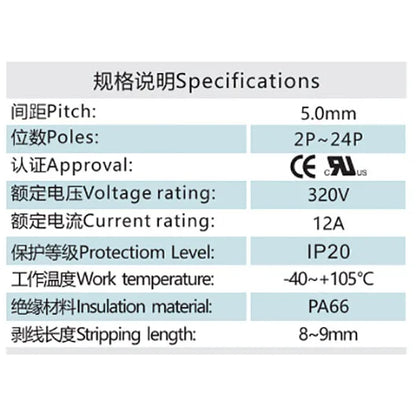 QPN-500  5.00mm Pitch  320V 12A   IP20  PA66   Terminal Block Connector Rated Terminal Block 2-24P