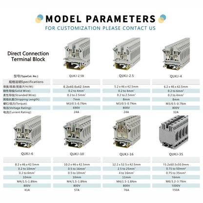 QUKJ-16 Screw DIN Rail Terminal Block dimension view