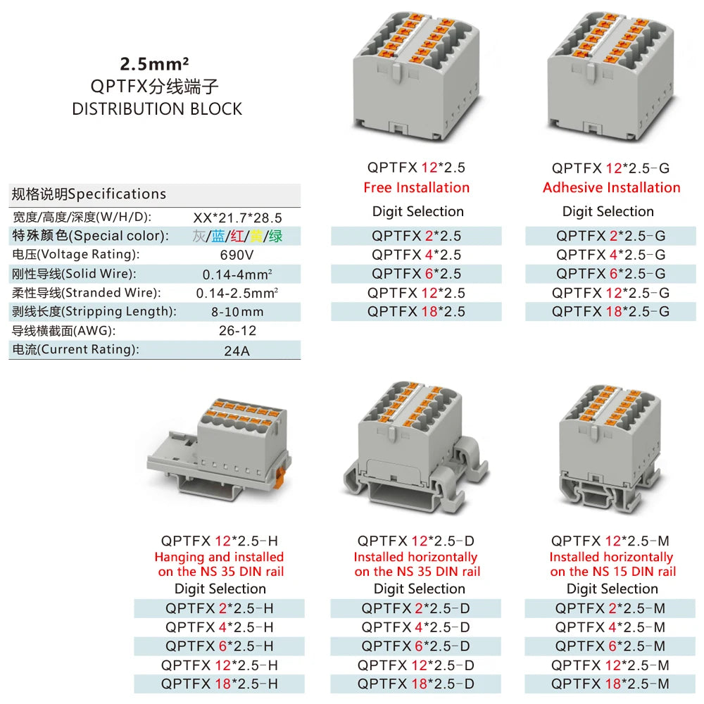 QPTFX 24*2.5-D Straight Plug 24 Bit Automotive Distribution Block 2.5 Mm² Wire Diameter for Horizontal Installation Automation