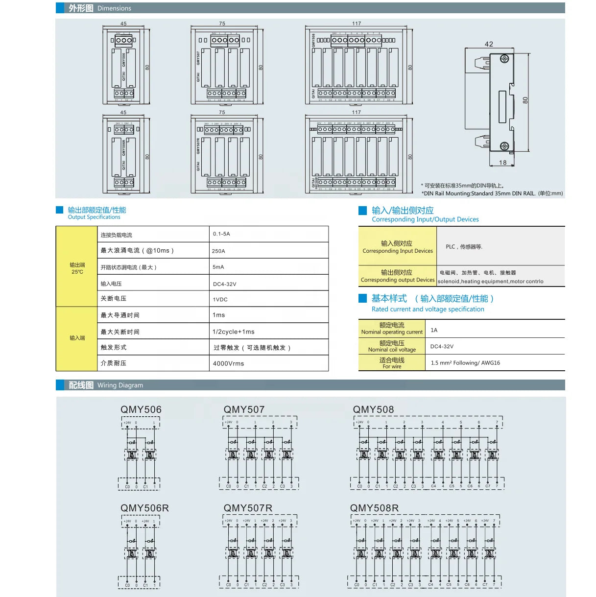 QMY506 380V 5A 1O PLC SSR High Power AC PLC Solid State Relay Terminal Block Modules LED Indication Single Row Terminal Block