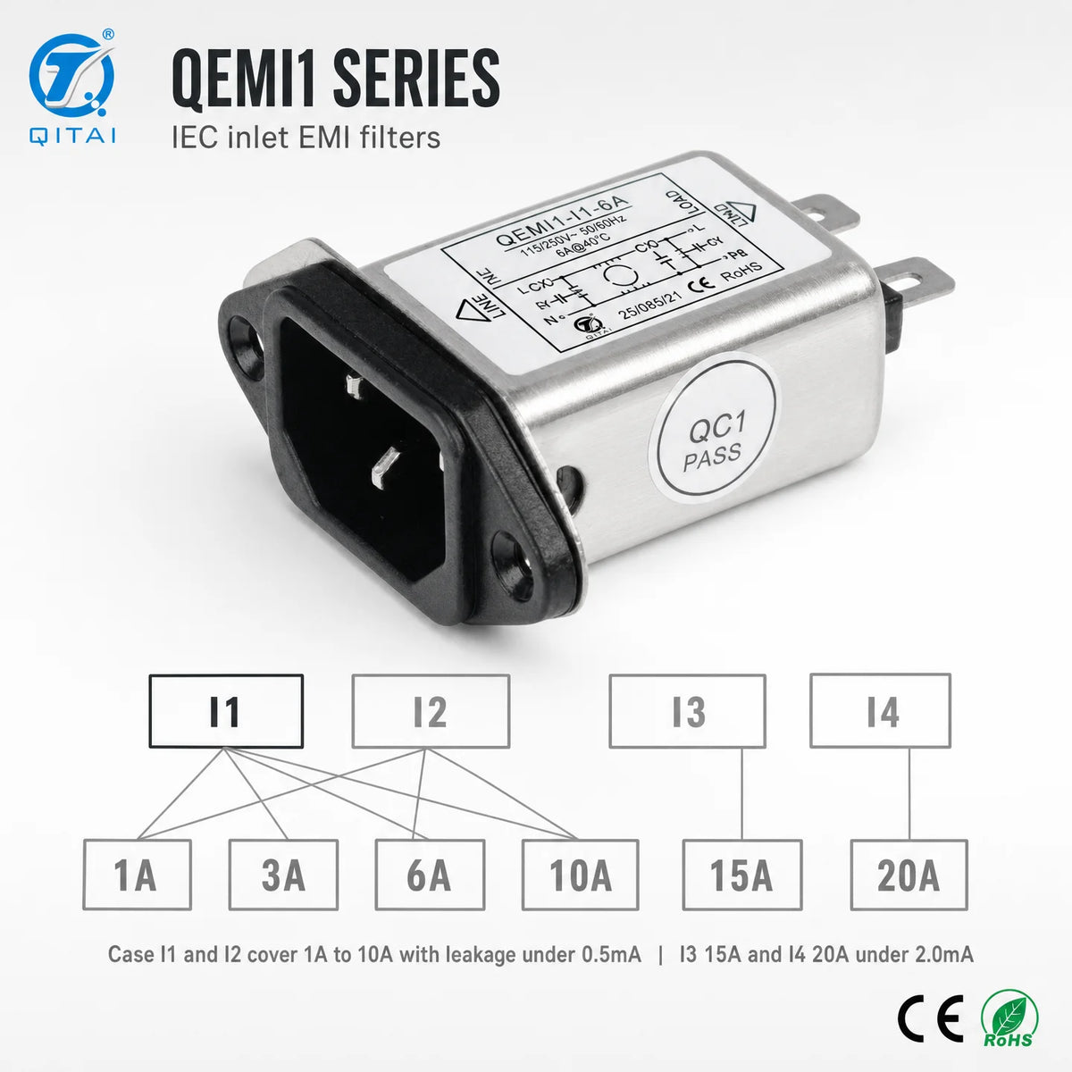 QEMI1 Series Single Phase IEC Socket EMI Power Filter 1A-20A 115/250VAC 50/60Hz Faston Output for Switching Power Supply